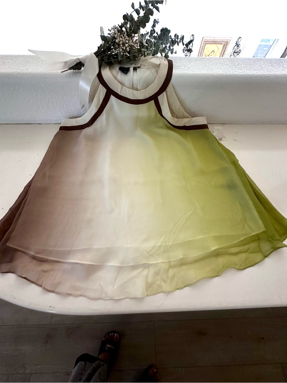 Nicole Cream-to-Green Gradient Sleeveless Tunic with Brown Trim